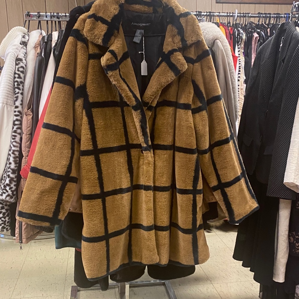 Ashley Stewart Brown and Black Grid Teddy Jacket